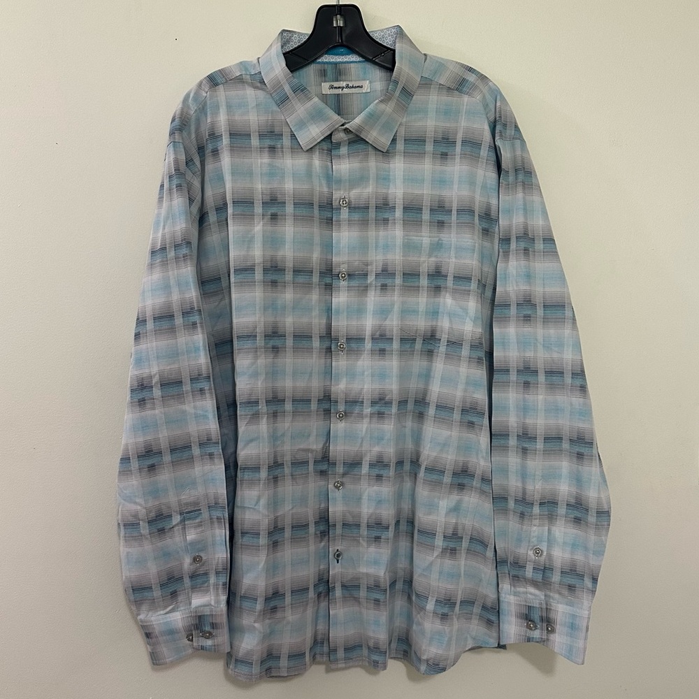 Tommy Bahama Blue Plaid Long Sleeve Button‎ shirt, Men's XXL Silk Cotton Blend